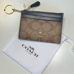 Coach Mini Skinny ID Case w/ Keyring Signature Canvas & Leather Navy & Brown EUC